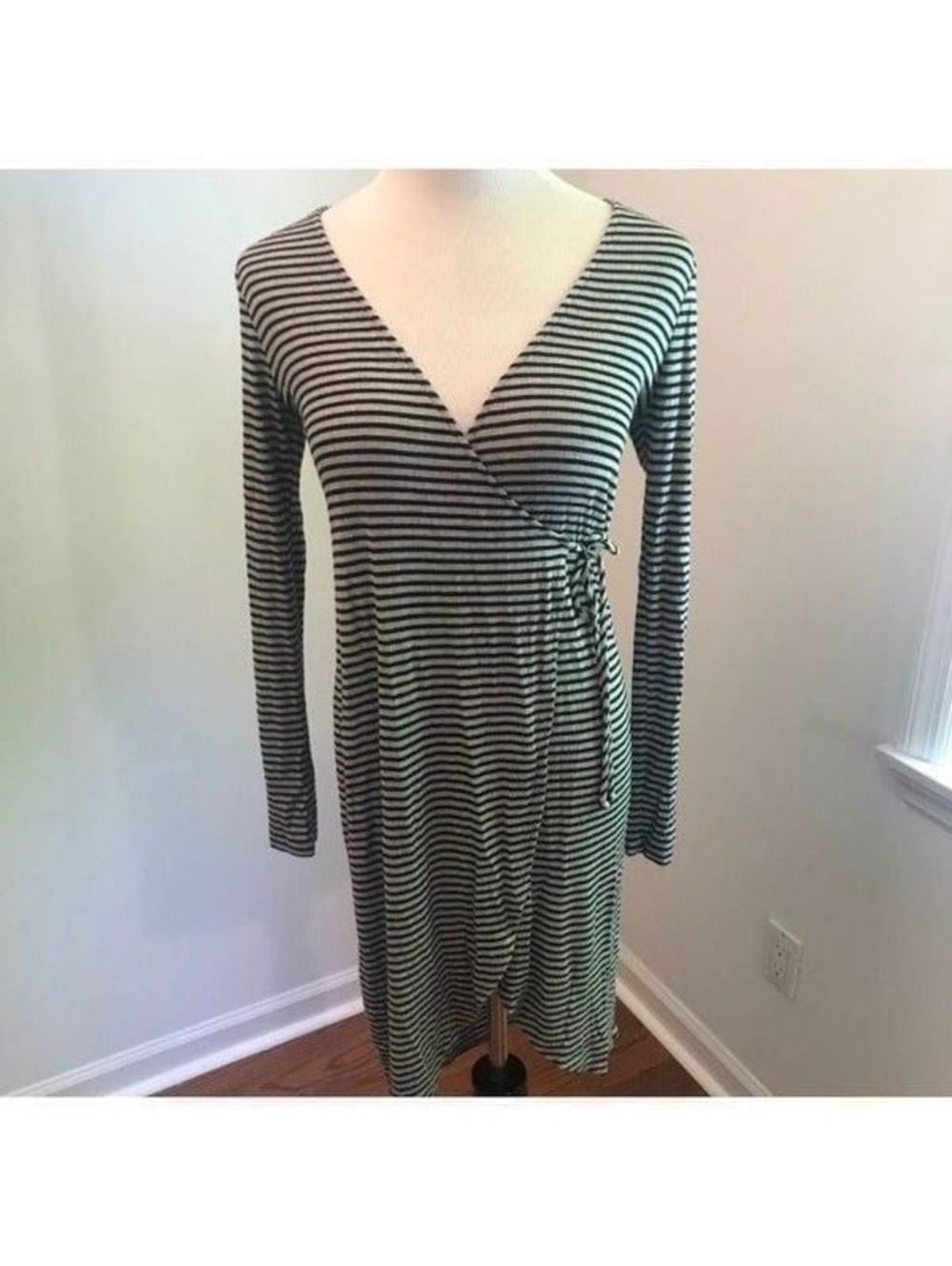 Anthropologie Everly Black and Gray Striped Wrap Dress Sz M